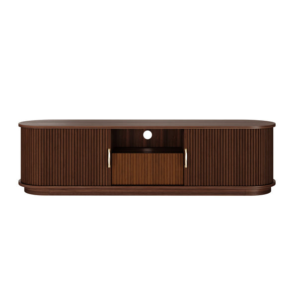 English Elm Vintage Farmhouse Media Console with Slatted Sliding Doors and Brass Hardware for Living Room Walnut N721P427206P