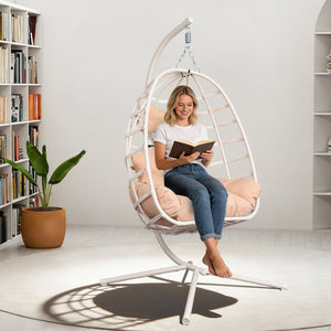 English Elm Egg Hanging Chair with Stand Pe Rattan Swing Seat Washable Cushion Patio Bedroom T5880P497429