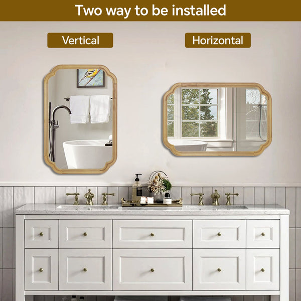 English Elm Natural Solid Wood 24x36 Rounded Corner Decorative Mirror with Tempered Glass, Rustic Elegance W2203P389110