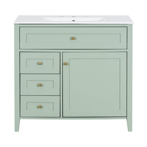 English Elm 36-Inch Green Bathroom Vanity With Sink - Modern Mdf & Rubberwood Freestanding Storage Solution N725P350821F
