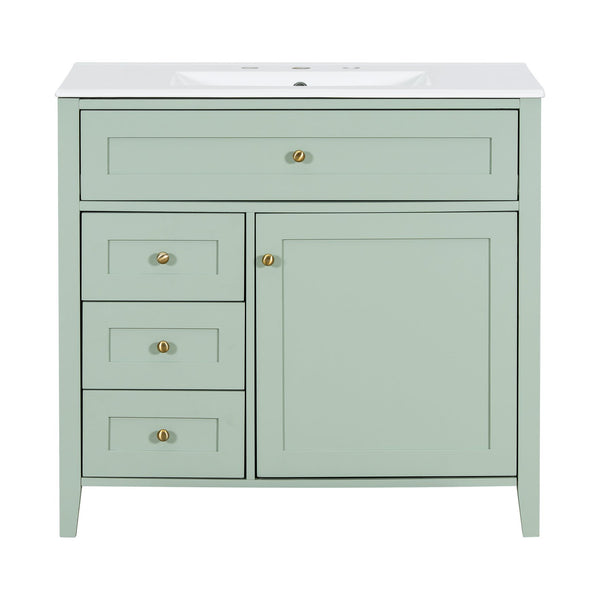 English Elm 36-Inch Green Bathroom Vanity With Sink - Modern Mdf & Rubberwood Freestanding Storage Solution N725P350821F