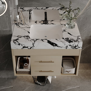English Elm 29.9" Floating Bathroom Vanity Sintered Stone Top Soft Close Drawers Bronze Gold Hardware White+Black,Wood W3136S00035