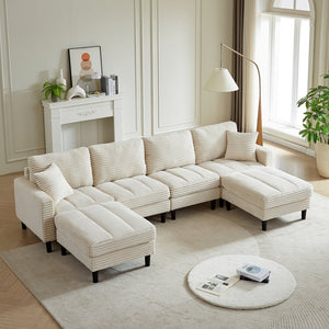 English Elm 122.5-Inch Oversized U-Shaped Modular Sofa Corduroy Sectional with Double Chaise, Ottoman, Pillows and Plastic Legs Beige W1193S00122
