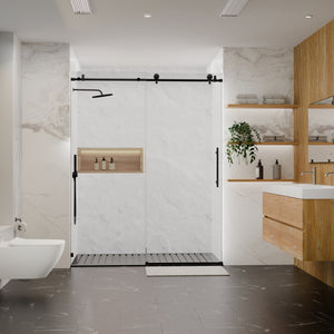 English Elm 56-60"W Frameless Sliding Shower Door with 5/16" Tempered Glass, Smooth Whisper-Quiet Rollers, Easy-Clean Coating Matt Black W1865S00162