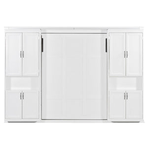 English Elm Full-size Murphy Wall Bed with Sliding Cabinets and Twelve Open Shelves for Studios White LP000919AAK