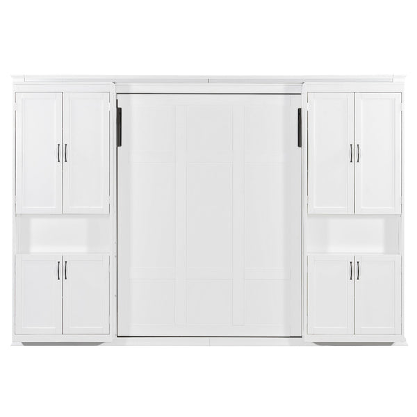 English Elm Full-size Murphy Wall Bed with Sliding Cabinets and Twelve Open Shelves for Studios White LP000919AAK