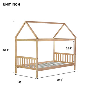 English Elm Twin House Bed with Headboard and Footboard — Space-Saving Rubberwood Frame, Playful Architectural Design White Oak W504P225961