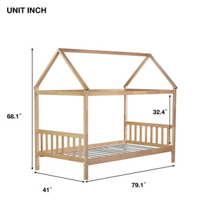 English Elm Twin House Frame Bed Solid Rubberwood Pitched Roof Headboard Kids Room White Oak W504P360081