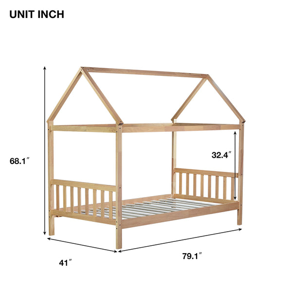 English Elm Twin House Frame Bed Solid Rubberwood Pitched Roof Headboard Kids Room White Oak W504P360081