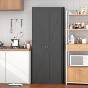 English Elm 2 Door Steel Pantry Cabinet Powder Coated Finish Gold Hardware Adjustable Shelves Tall Storage Black T3625P366653