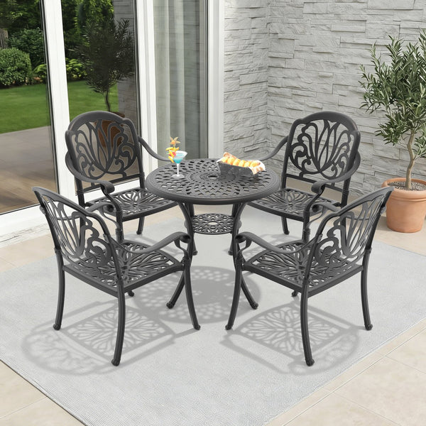 English Elm 5-piece Cast Aluminum Outdoor Dining Set with Ornate Relief Patterns and All-weather Cushions W1710S00539