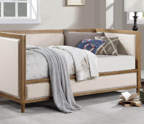 English Elm Beige Transitional Daybed with Light Oak Pine Frame, Nailhead Trim, Twin Mattress‑Ready Accent Bed B011S01092