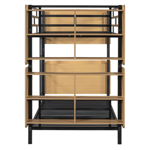 English Elm Twin Metal Bunk Bed with Built-In Headboard Storage and Footboard Shelves, Sturdy Space-Saving Design Black SF000176AAB