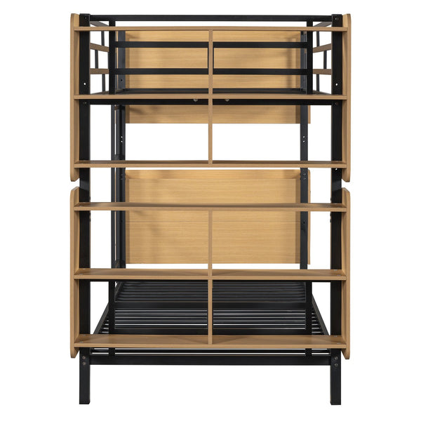 English Elm Twin Metal Bunk Bed with Built-In Headboard Storage and Footboard Shelves, Sturdy Space-Saving Design Black SF000176AAB