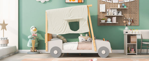 English Elm Wood Full Size Car Bed with LED Night Lights, Pine Frame, Imaginative Canopy & Cozy Pillow (Natural) WF309289AAM