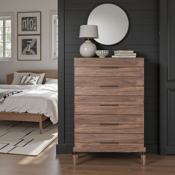 English Elm Tranquility Five Drawer Walnut Veneer Chest with Mid-century Legs and Bronze Hardware B108P411444