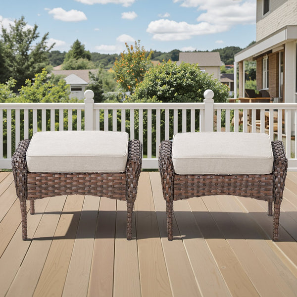 English Elm Outdoor Pe Wicker Patio Ottoman Set of 2 with Cushions for Deck or Backyard Beige T3773P418421