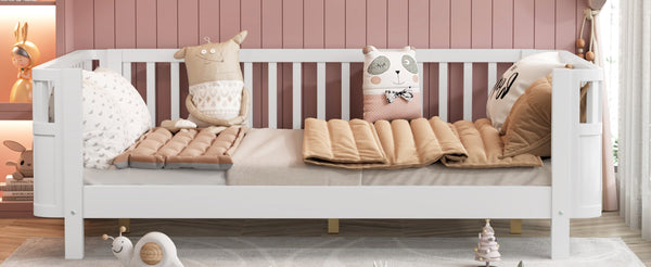 English Elm Twin Low Profile Pine Wood Kids Bed with Safety Rails and Fence Style Headboard W2593P367052