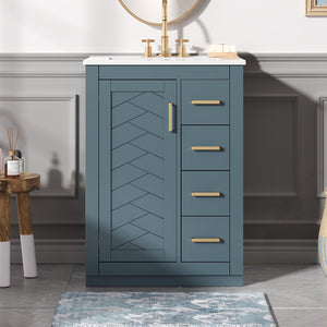 English Elm 24" Bathroom Vanity With Ceramic Sink - Stylish Blue Cabinet, Soft-Close Drawers & Modern Elegance N710P341038C