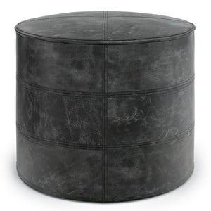 English Elm Connor Round Pouf In Distressed Black Leather – Rustic Style Footstool & Accent Furniture Piece B136P159338
