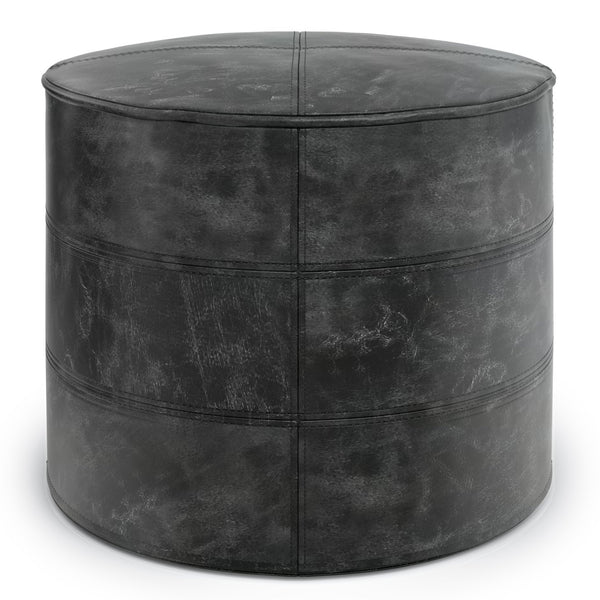 English Elm Connor Round Pouf In Distressed Black Leather – Rustic Style Footstool & Accent Furniture Piece B136P159338