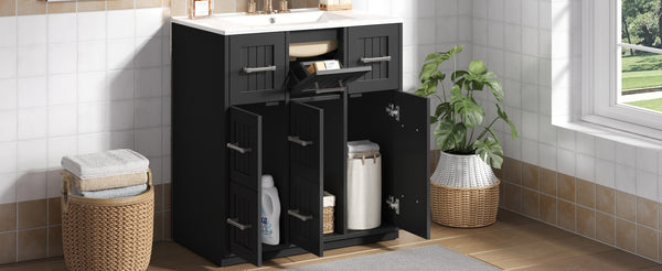 English Elm 30inch Bathroom Vanity with Undermount Sink, Tip-Out Tray, Soft-Close Doors, Spacious Drawers & Handles Black N710P331580B