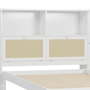 English Elm Twin Multifunctional Bed with Rattan Headboard Storage, Drawer & Shelves — Space-Saving Pine Design White 50.4 L x 19.8 W x 5.5 H N733S241280K