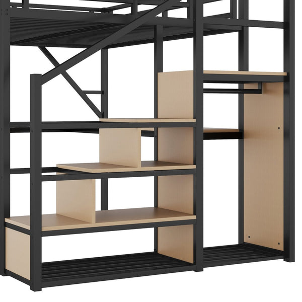 English Elm Queen Metal Loft Bed with Desk Stairs Rgb Lighting and Built-in Charging Station W2580S00053