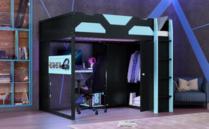 English Elm Full Size Loft Bed with Rgb Lighting Usb Charging Desk Wardrobe and Storage Shelves Blue LT000387AAC