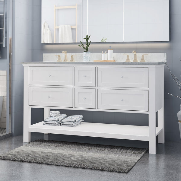 English Elm Christopher Knight Home® - 60'' 60" Double Vanity Cabinet White Wood with 4 Soft-Closing Drawers, Zinc Handles, Open Back for Plumbing (60.25"W x 21.75"D x 35.5"H) 65297.00