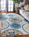 Unique Loom Outdoor Modern  Machine Made Floral Rug Cream, Black/Blue/Light Blue/Gold/Gray/Green 9' 0" x 12' 0"