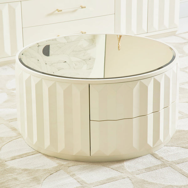 English Elm Jennifer Taylor Home - Facino Round 35.5" Storage Coffee Table with Mirrored Top, White Lacquer Birchwood, 2 Drawers B2719P238494