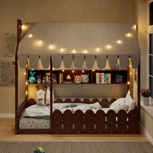 English Elm {slats Are Not Included} Twin Montessori House Floor Bed Kids Tent Lights Shelves Pinewood Frame Espresso N708P407962P