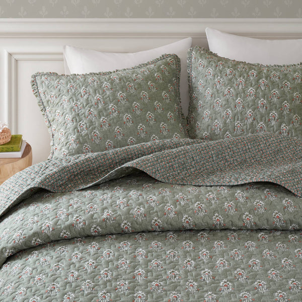 JLA Home Madison Park - 3 Piece Ruffle Printed Quilt Set - Lightweight Vermicelli Quilting, Double Ruffle Edge, Soft Microfiber Cozy Layering 92 Sage Green MP13-8876