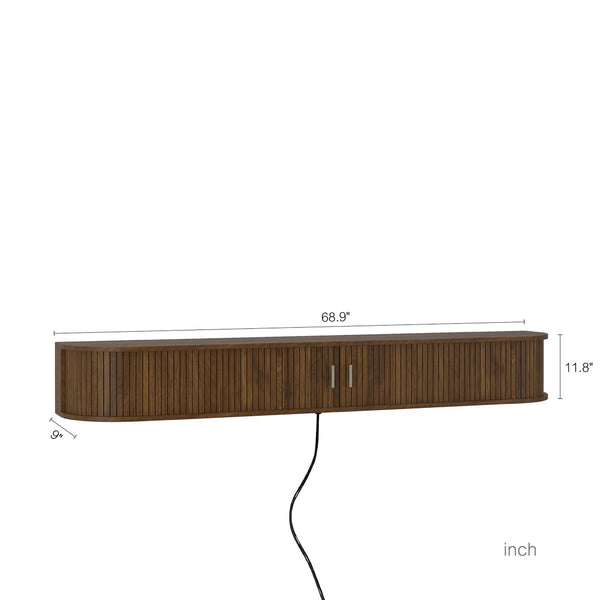 English Elm Floating Wall Mounted Media Console with Led Backlighting Mid-century Curved Design Brown W1321P476922