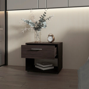 English Elm FM Round Rock Nightstand Stained Walnut with Drawer & Open Shelf, Modern Compact Bedroom Storage B128P283300