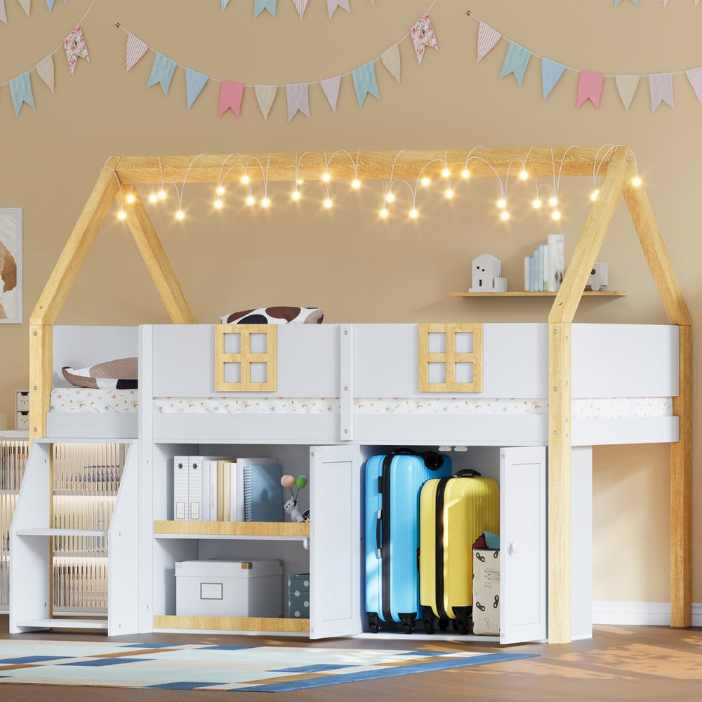English Elm Twin-size Pine Low Loft Bed with House Canopy Step Stairs Storage Cabinet Led Lights N7090005033K