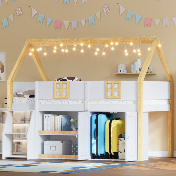 English Elm Twin-size Pine Low Loft Bed with House Canopy Step Stairs Storage Cabinet Led Lights N7090005033K