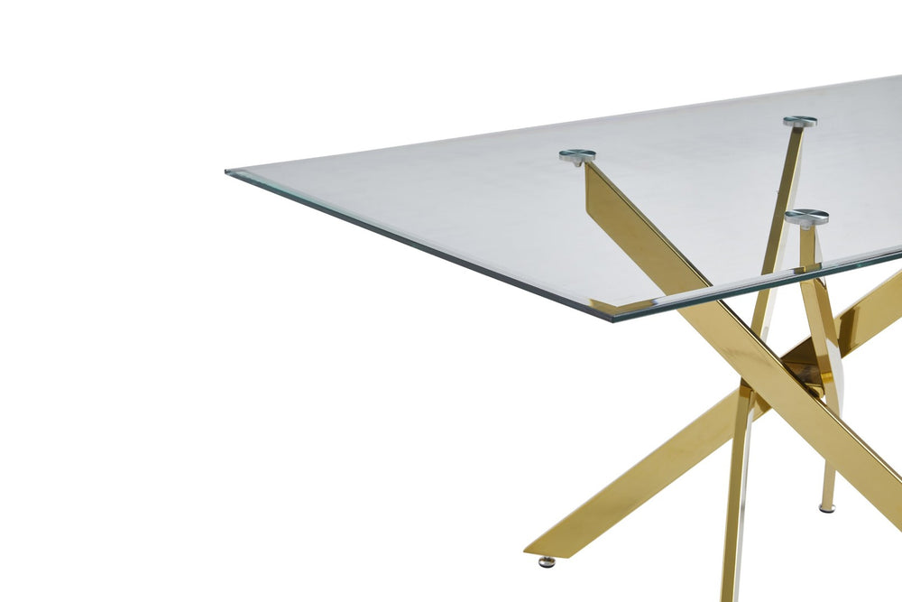 English Elm Modern Tempered Glass Dining Table with Gold Iron Frame for Home or Office Golden W3590S00004