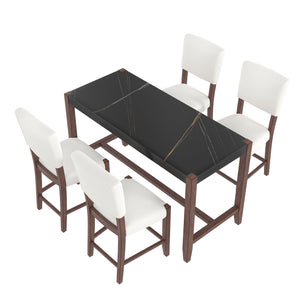 English Elm 5-Piece Counter Height Dining Set with Faux Marble Top and Upholstered Seats, Mid-Century Pub Charm Black+Beige N752S000086D