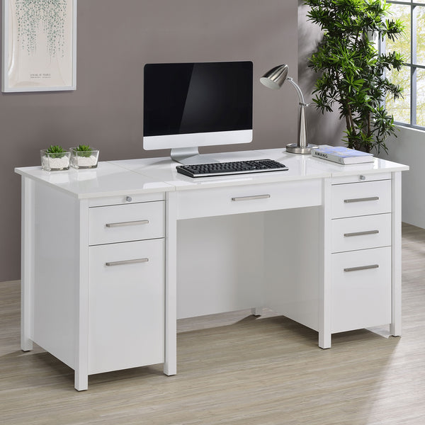 English Elm Rayna White High Gloss Lift-Top 60" Office Desk with 4 Easy-Glide Drawers & Brushed Zinc Hardware B062P351422