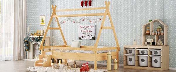 English Elm Twin House Shaped Platform Bed Solid Pine Frame with Built in Stairs for Kids W1580P354719