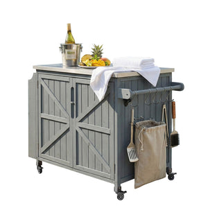 English Elm K&k Rolling Outdoor Kitchen Island Solid Fir Wood Stainless Steel Top Storage Cabinet Grey+Blue N707P370287G