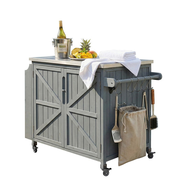 English Elm K&k Rolling Outdoor Kitchen Island Solid Fir Wood Stainless Steel Top Storage Cabinet Grey+Blue N707P370287G