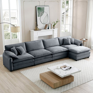 English Elm Corduroy 4-Seater Sofa With Footstool – Modern Upholstered Comfort, Ergonomic Design & Pillows Included W714S00761