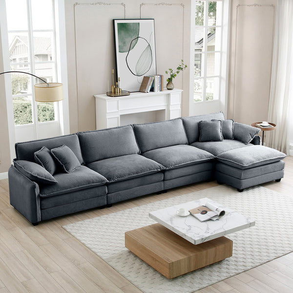 English Elm Corduroy 4-Seater Sofa With Footstool – Modern Upholstered Comfort, Ergonomic Design & Pillows Included W714S00761