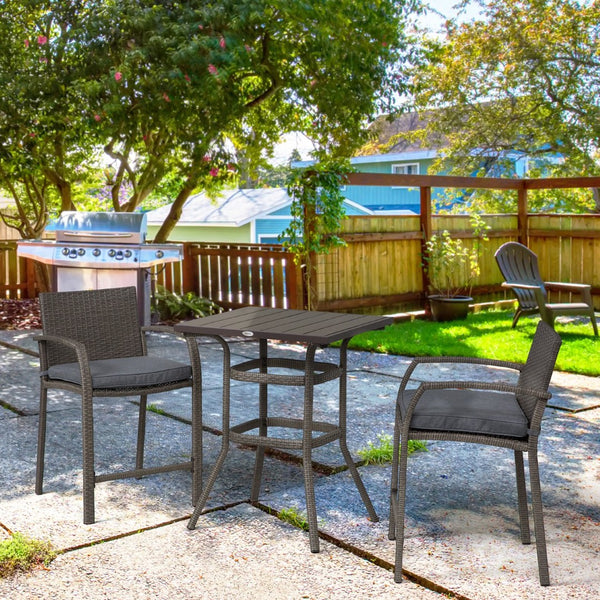 English Elm Outsunny 3-Piece Rattan Wicker Bar Set With Cushioned Stools And Wood Grain Table For Outdoor Fun W2225P217542-GIGA