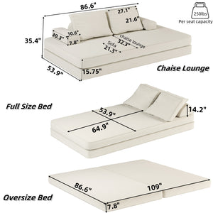 English Elm 86.6"Multifunctional Folding Sofa Bed with Chaise, Fluffy Chenille, Removable Backs & Pillows, Deep Seat Lounge Beige W3219P340665