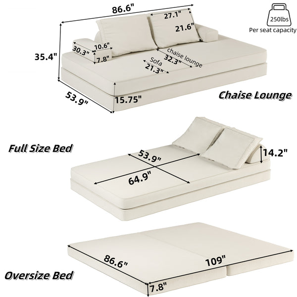 English Elm 86.6"Multifunctional Folding Sofa Bed with Chaise, Fluffy Chenille, Removable Backs & Pillows, Deep Seat Lounge Beige W3219P340665