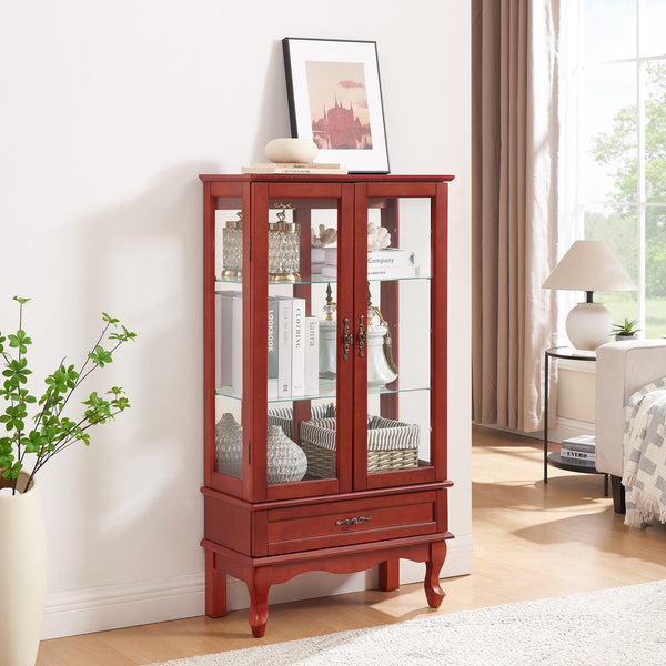 English Elm Lighted Glass Curio Cabinet With Adjustable Shelves, Drawer & Built-In Lighting - Elegant Cherry Finish W1758P294633